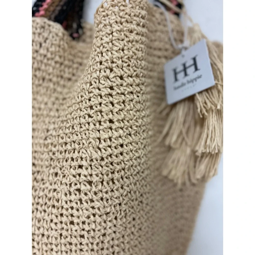 Haute Hippie Style Woven Straw Tote Bag Beige Tan Striped Straps Tassel NWT